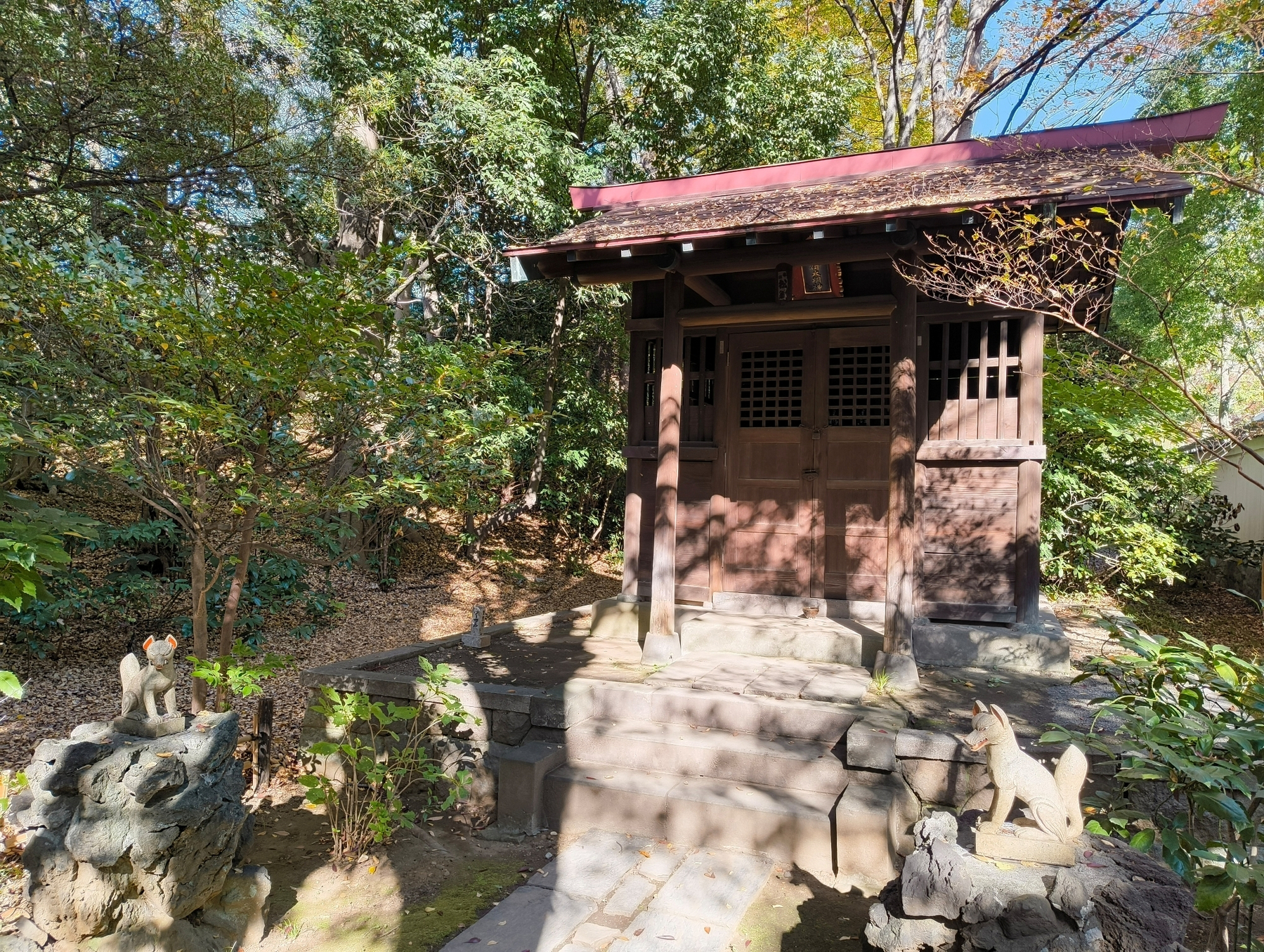 Auto-generated description: 森林に囲まれた小さな神社が木製の階段の上に建っています。