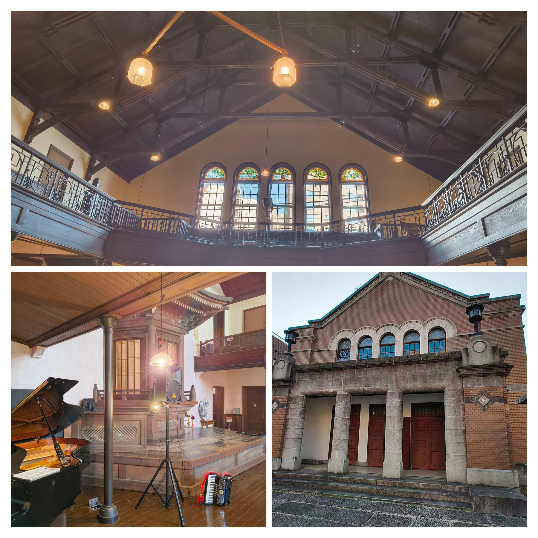 Auto-generated description: 教会のような建物の内部と外観が写っており、ピアノとアコーディオンが設置されたステージも見える。