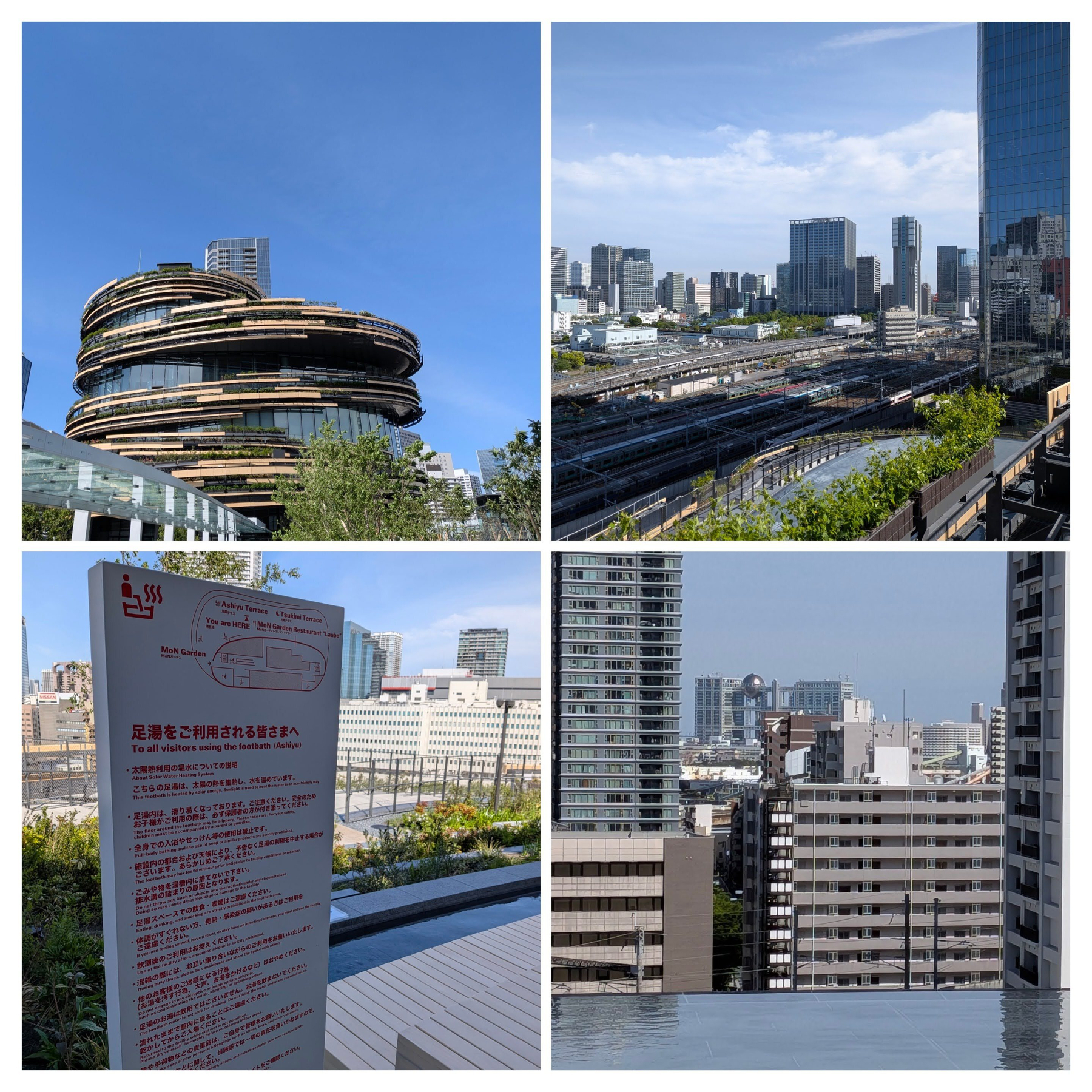 現代的な都市のビルと高層建築を背景にした屋上庭園と案内看板がある風景。