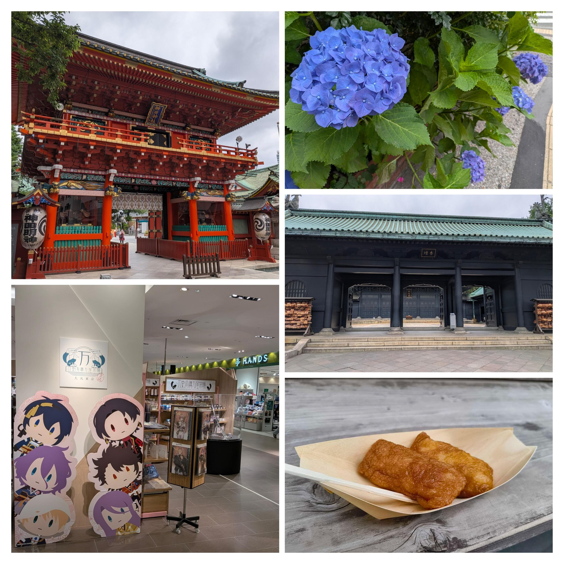 赤い伝統的な日本の建物、青い紫陽花、現代的な店内、黒い建物、そして食品が一皿に盛られている様子が映っています。