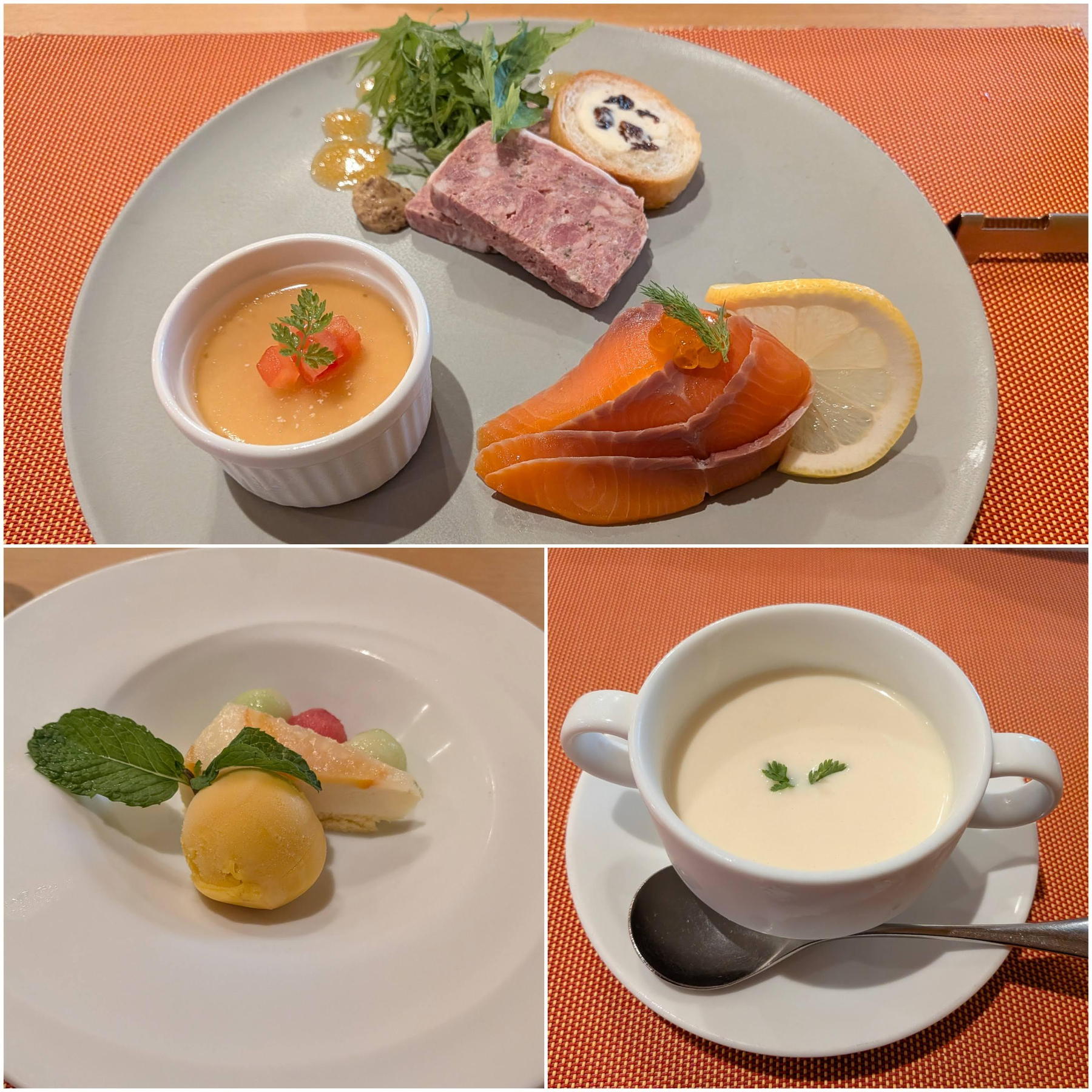 Auto-generated description: 前菜の盛り合わせ、デザートのアイスクリームとケーキ、そしてクリーミーなスープがテーブルに美しく配置されている。