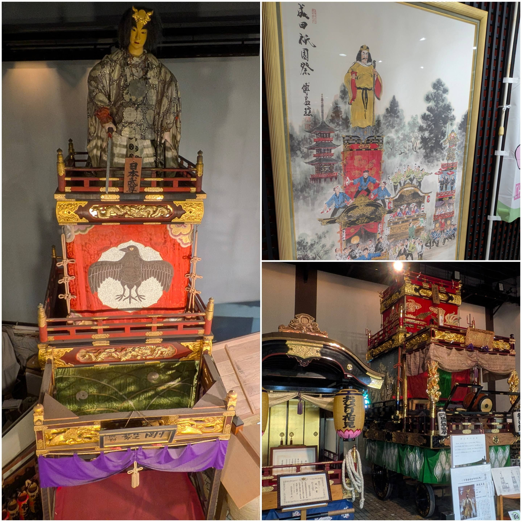 Auto-generated description: 伝統的な山車や祭りの人形が展示されている様子が写されている。