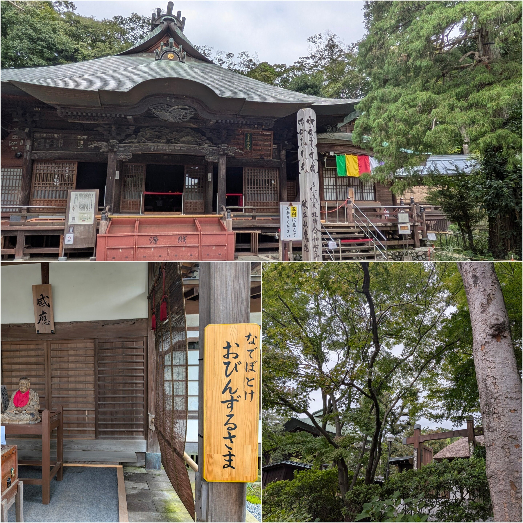 Auto-generated description: 歴史的な建造物と自然に囲まれた静かな寺院の境内風景が写されている。