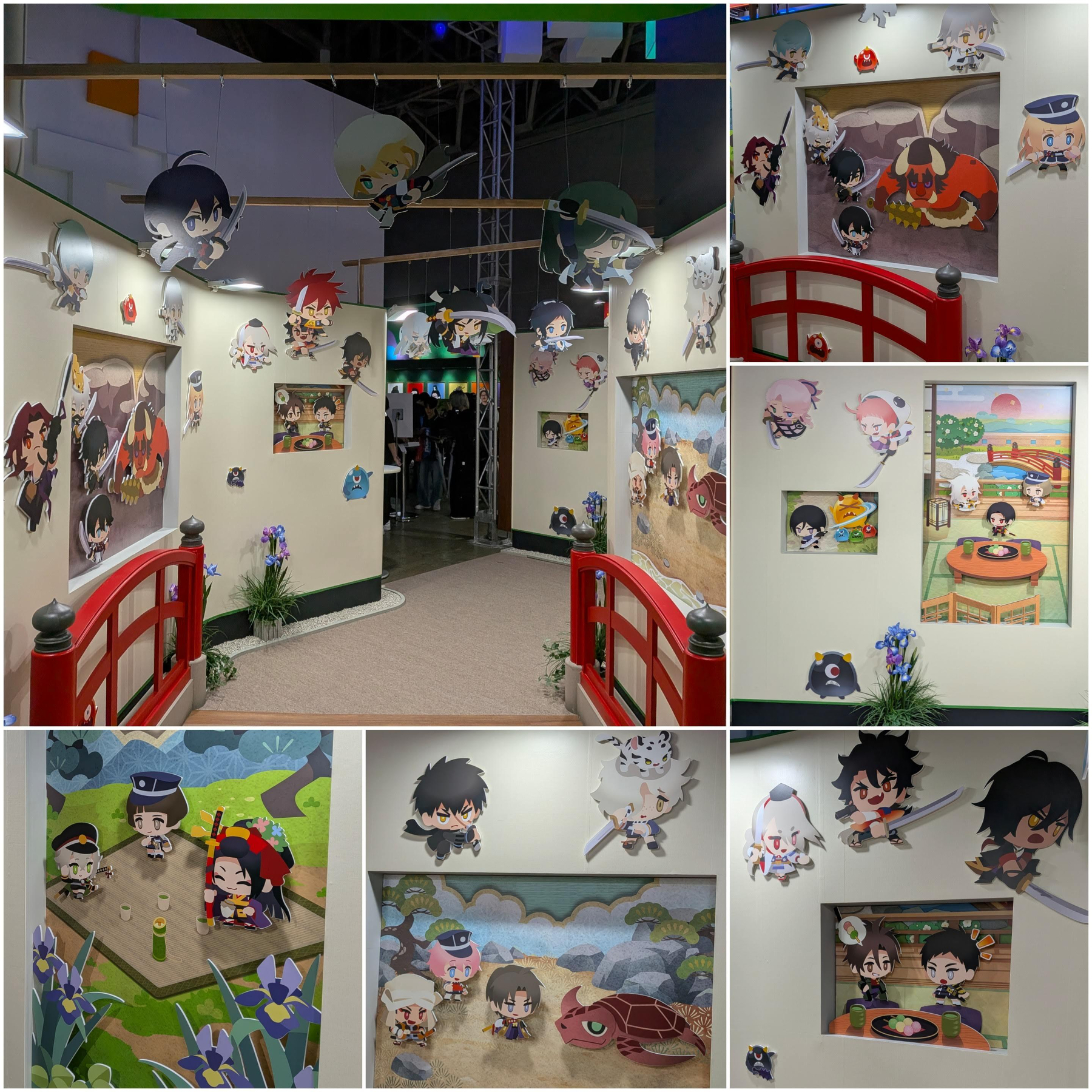 Auto-generated description: 赤い橋や花の装飾が施された展示スペースに、複数のかわいいアニメ風キャラクターのイラストや立体装飾が飾られている。