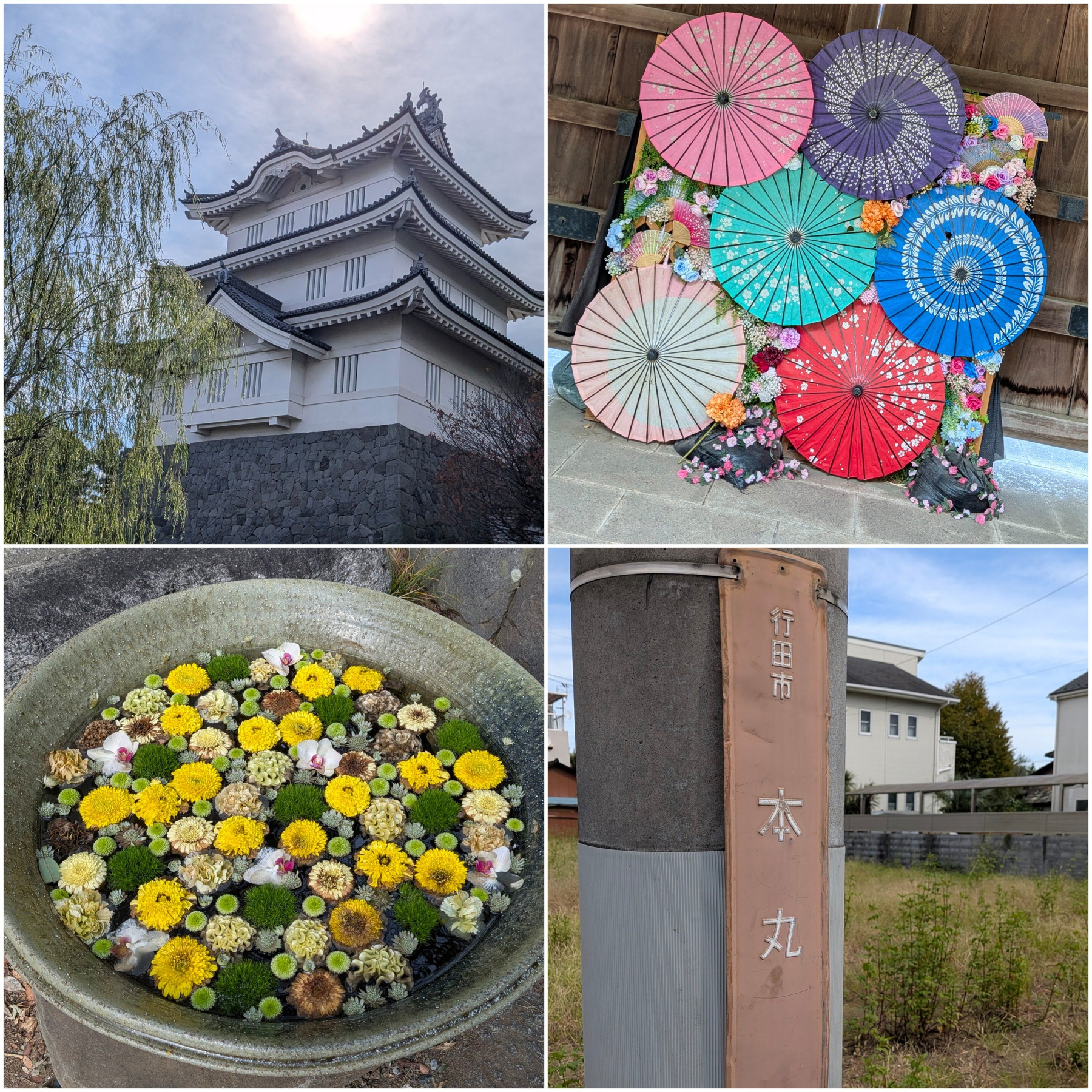 Auto-generated description: 日本の伝統的な城、色とりどりの和傘、花が浮かんだ水鉢、そして「行田市 本丸」と書かれた看板が写っている。