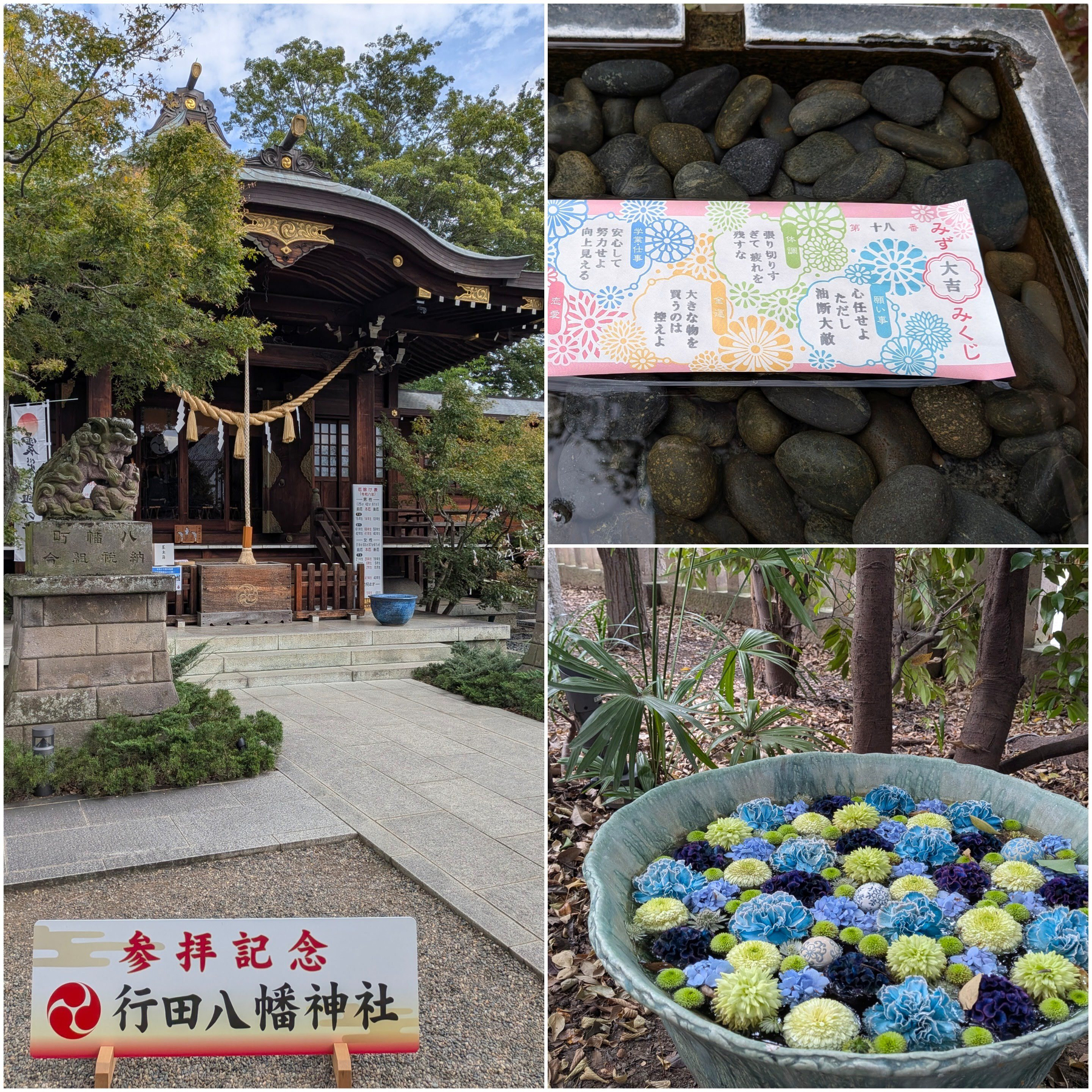 Auto-generated description: 行田八幡神社の境内とおみくじ、そして花が浮かべられた器が写っている。