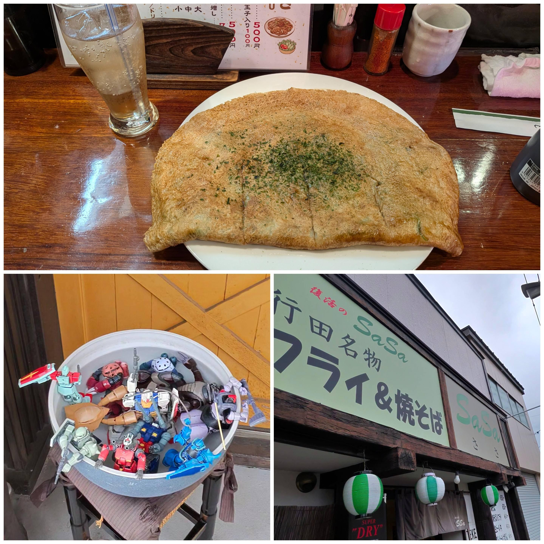Auto-generated description: 焼きそばやフライが名物の店舗の外観と、大きなフライ、そして入り口近くに置かれた多数のロボットフィギュアが映っている。