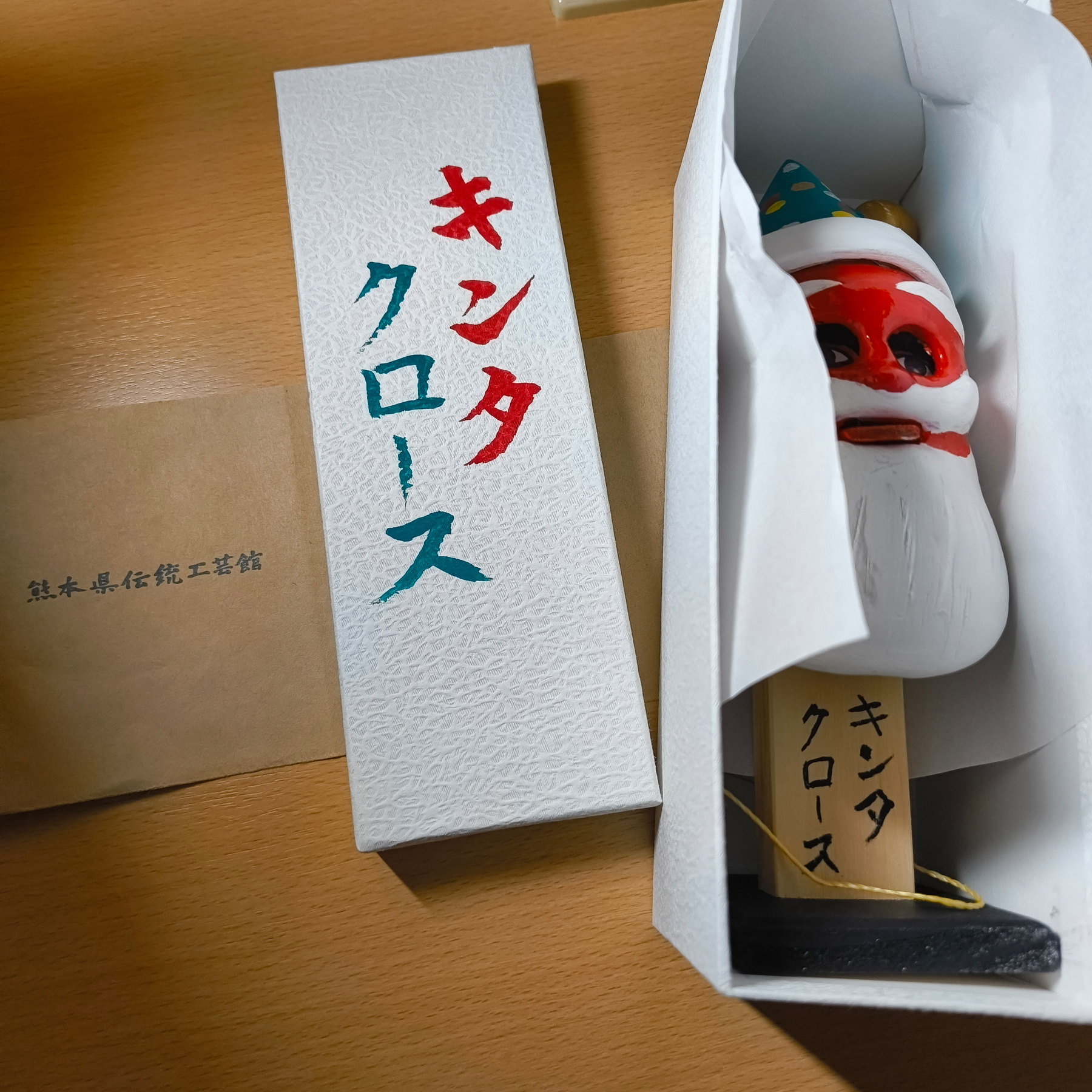 Auto-generated description: 白い箱に入った赤い顔のサンタクロースの人形と箱の蓋が机の上に置かれている。