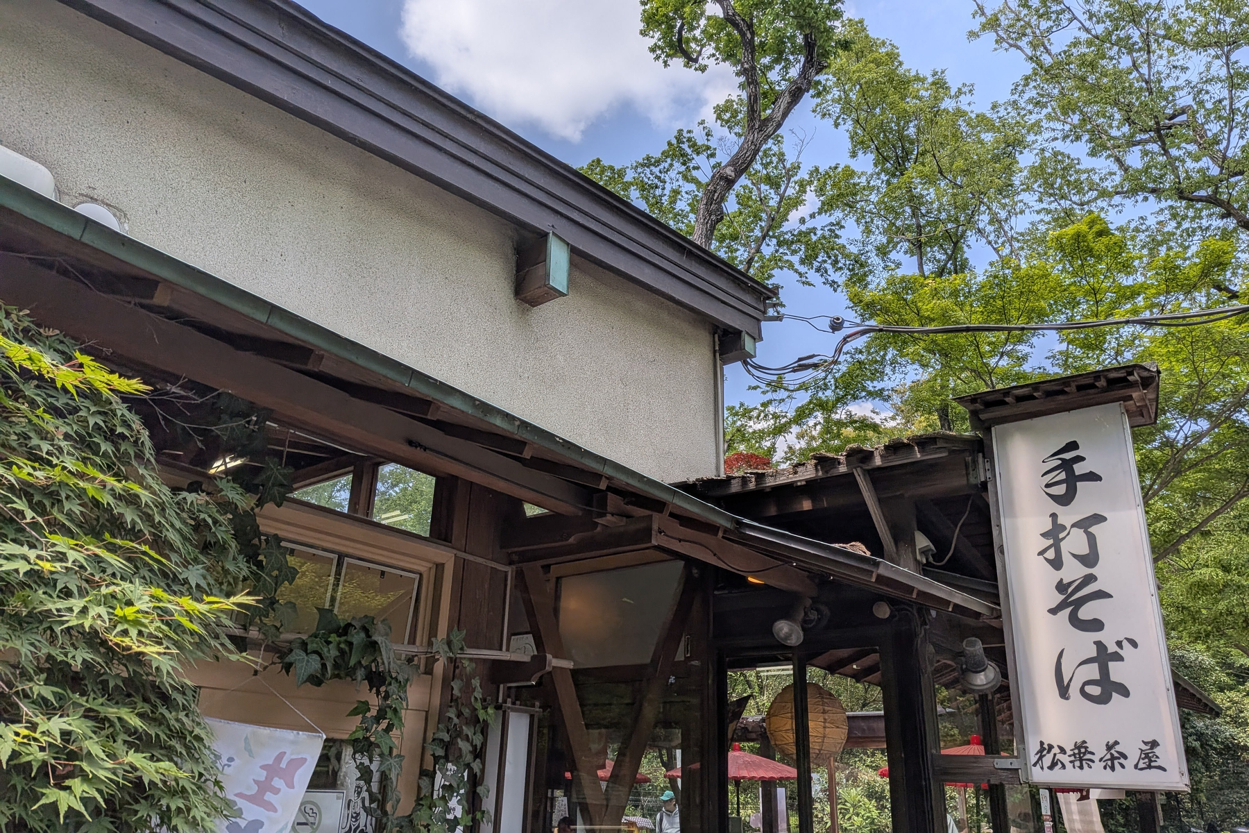 Auto-generated description: 手打そばの看板がある緑に囲まれた木造の建物。